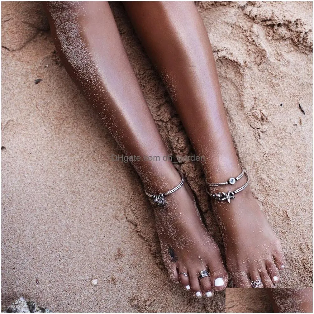 Anklets Star Charm Om Yoga Pendant Anklets Women Rope Chain Adjustable Summer Beach Mtilayer Boho Ethnic Hippie Body Foot Jewelry Dro Dh54Z