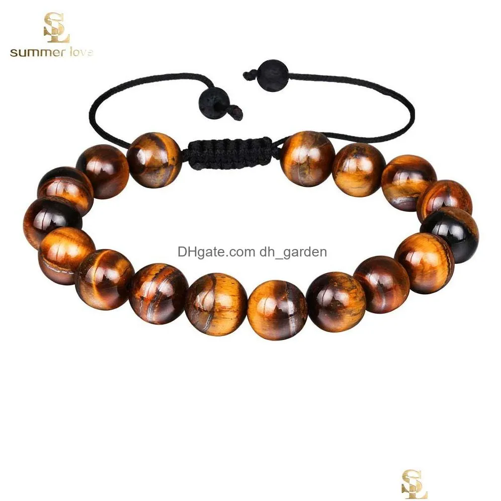 Beaded New Arrival Tiger Eye Beads Bracelet For Men Women Adjustable Size 10Mm Lava Stone Black Braided Jewelry Gift Drop D Dhgarden Dhxke