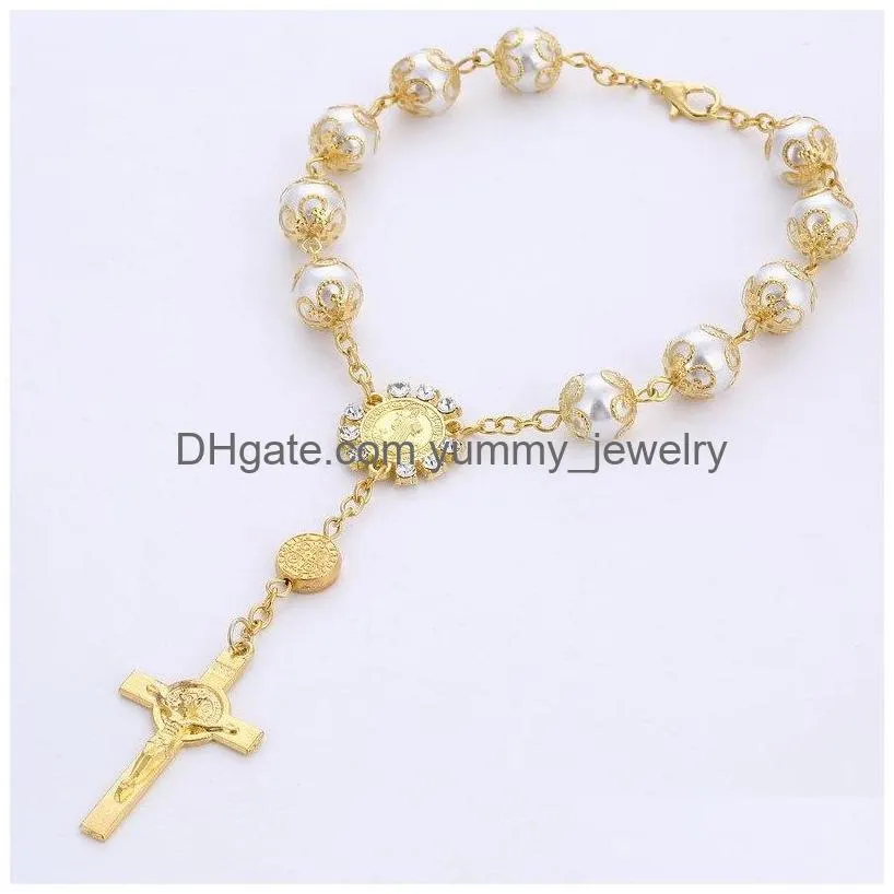 Charm Bracelets Cross Rosary Bracelet Relius Jewelry Women Men Fashion Sier Gold Beads Glass Pearl Jesus Christian Charm Bracelets Wi Dhesn