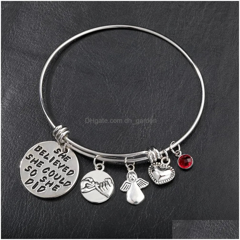 Bangle 2021 New Inspirational Birthstone Charm Bracelet Bangle For Women Angle Friendship Expandable Stainless Steel Wire Drop Delive Dhfq5