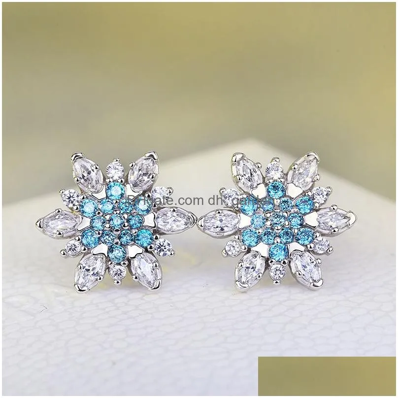 Stud Rose Gold Sier Color Romantic Snowflake Flower Blue Crystals Clear Cz Stud Earrings For Women Boho Wedding Jewelry Exq Dhgarden Dhtpj