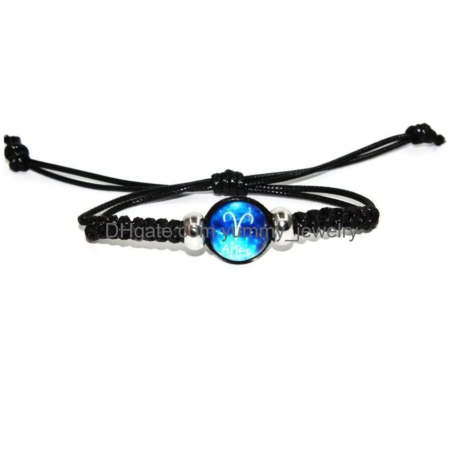 Charm Bracelets Fashion Hand Made Adjustable Leather Bracelets Black Rope Chain Luminous 12 Constellations Zodiac Signs Beads Bangle Dhqke