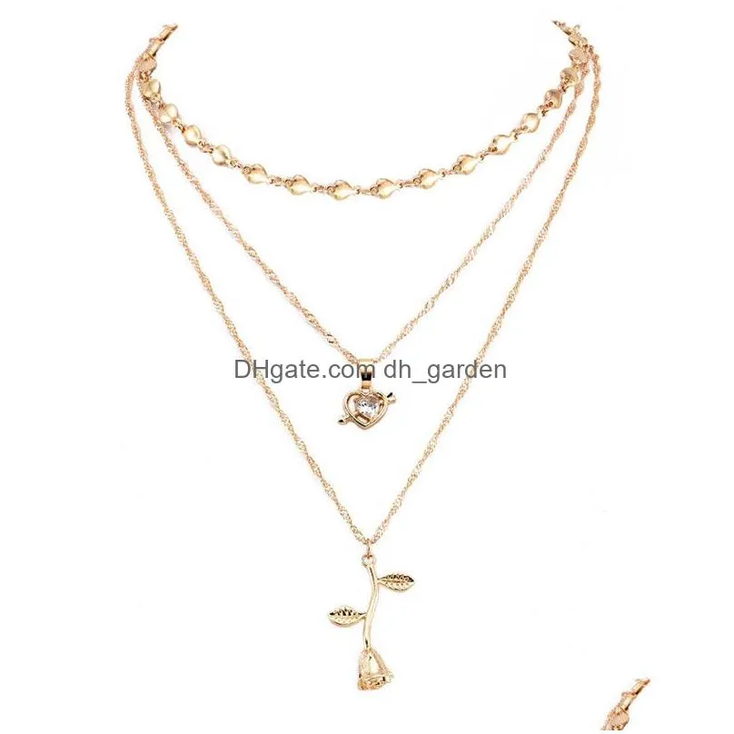 Pendant Necklaces Fashion Mtilayer Pendant Necklace Set For Women Peach Heart Cupid Love Rose Flower Crystal Jewelry Gift Dr Dhgarden Dhumo