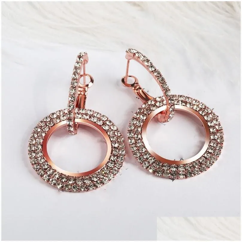 Hoop & Huggie Bling Women Studs Hoops Double Circle Drop Earrings Gift Rose Gold Sier Fashion Elegant Design Crystal Rhinestone Dangl Dhwmd
