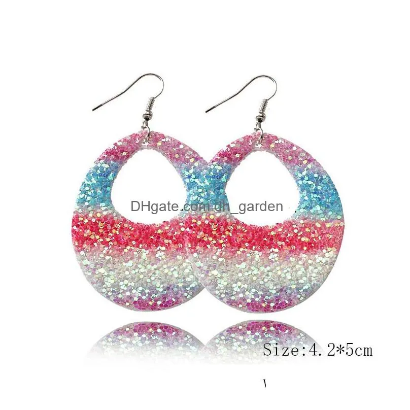 Dangle & Chandelier Fashion Design Rainbow Leather Earring Sparkly Sequins Teardrop Printing Dangle For Bohemian Jewelry Drop Deliver Dhtpv