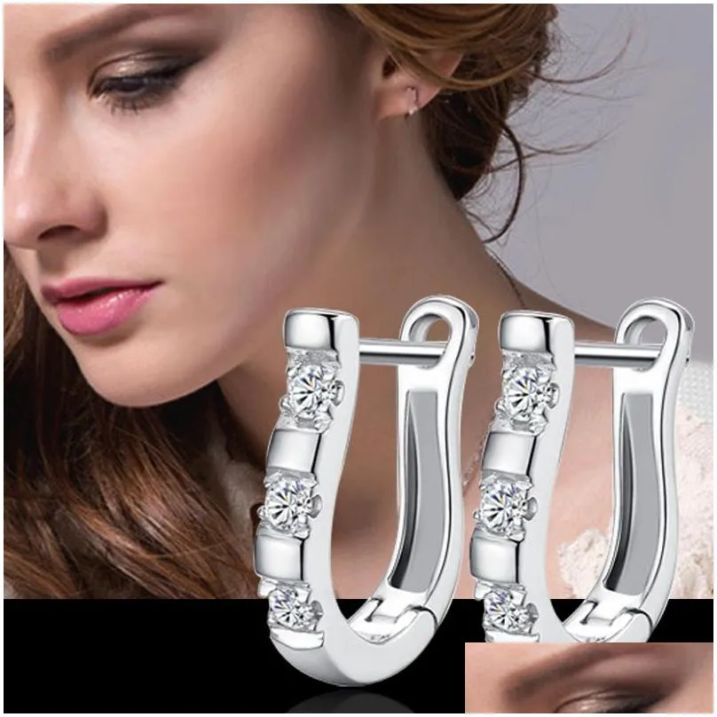 Stud 925 Sterling Sier Stud Earrings European Elements Crystal Rhinestones U Design Platinum Plated Zircon Cz Fashion Jewelry For Dro Dh0Re