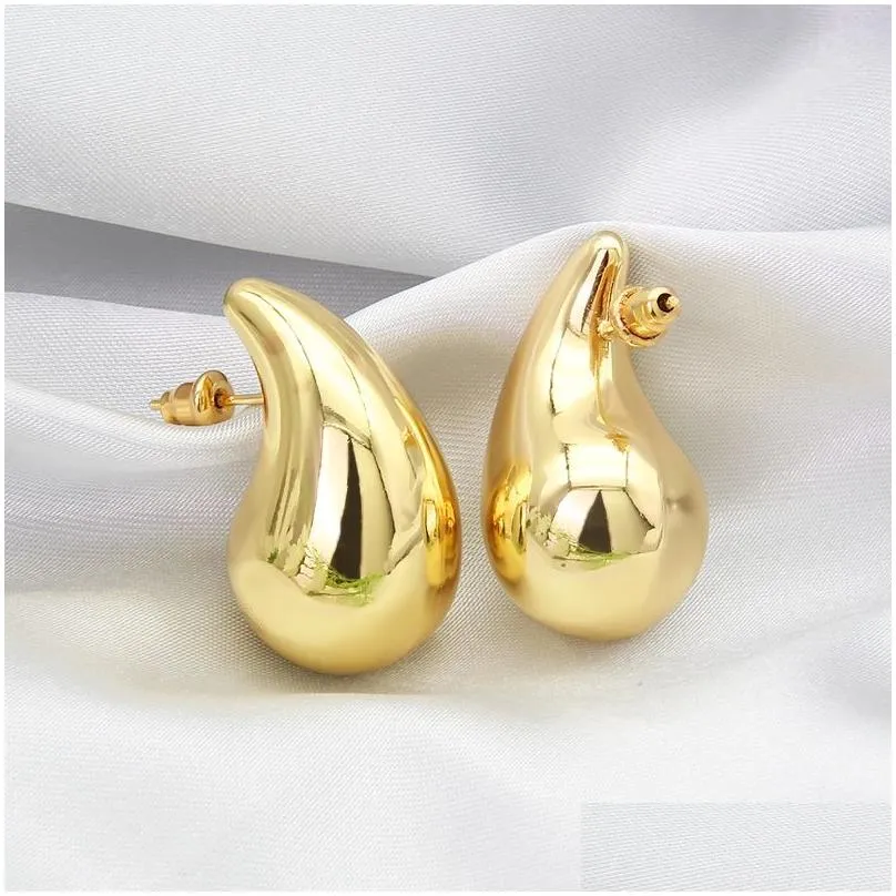 Stud 32X18Mm Stainless Steel Stud Earrings Punk Smooth 14K Gold Plated Exaggerated Dupes Teardrop Fashion Chunky Hallow Bottega Water Dhy3X
