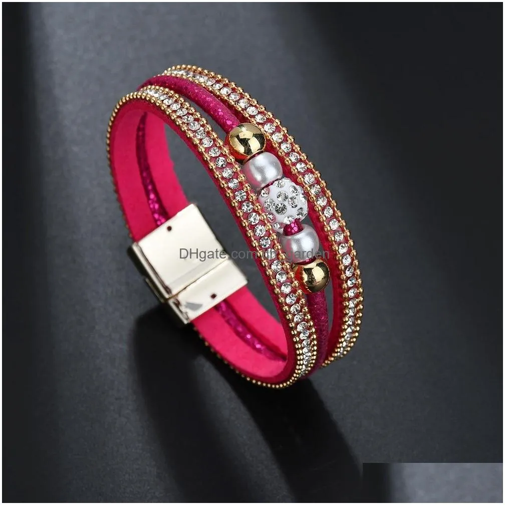Chain Mtilayer Magnetic Buckle Leather Bracelet For Women Retro Crystal Ball Black Red White Color Pearl Fashion Jewelry Drop Deliver Dh7Ie