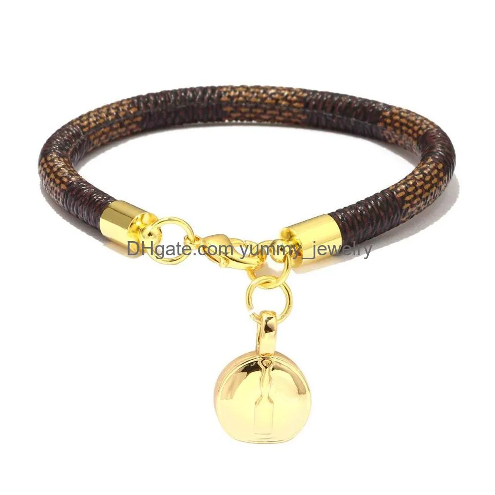 Charm Bracelets Brand Leather Charm Bracelets For Women Plaid Pu Real Gold Plated Heart Bag Pendant Lobster Clasp Design Bangle Fashi Dh9B5