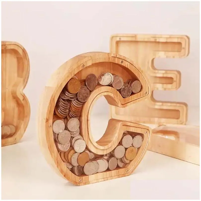 Storage Boxes & Bins 26 Letter Coin Saving Money Box Custom Name Wooden Coins Storage For Kids Adts Birthday Gifts Decor Crafts Souven Dh7Av