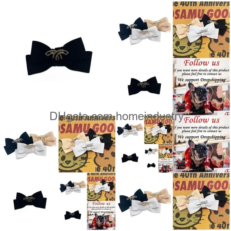 designer dog hair bow with classic letter pattern luxurious puppy hair bows cat topknot pet headdress with rhinestones dog grooming bowknot pet hair accessories