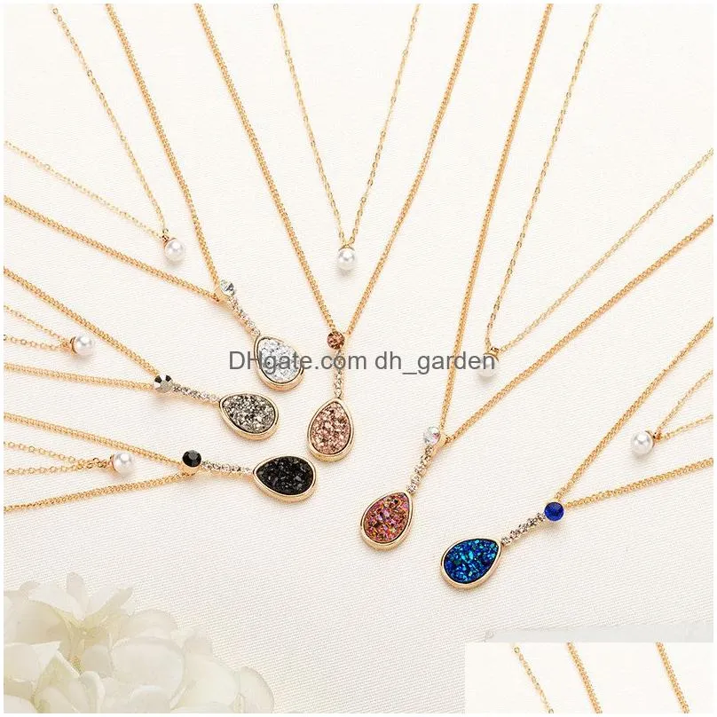 Pendant Necklaces Fashion Double Layer Bohemian Layered Crystal Waterdrop Pearl Pendant Necklace For Women Elegant Party Jew Dhgarden Dhjkn