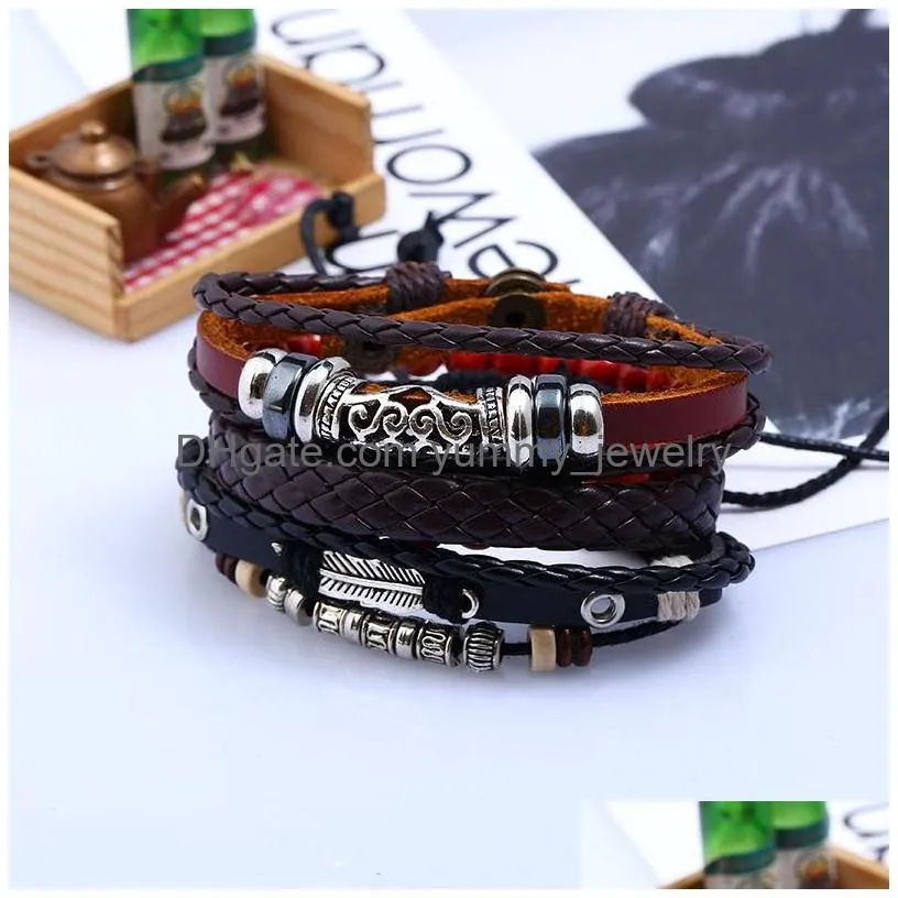 Charm Bracelets Vintage Punk Bracelets Fashion Alloy Genuine Leather Bangles Men Leaf Beads Strands For Jewelry Mtilayer Braided Wrap Dhr6O