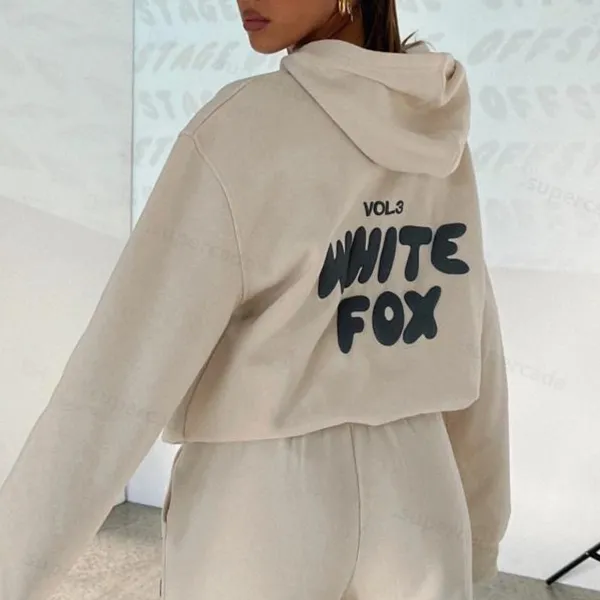Sweatshirts WF-Women Women`s Hoodies Letter Print Outfits FOX Cowl Neck Long BLACK WHITE Sleeve Sweatshirt and Pants Set Tracksuit Pullover Hooded Sports suit