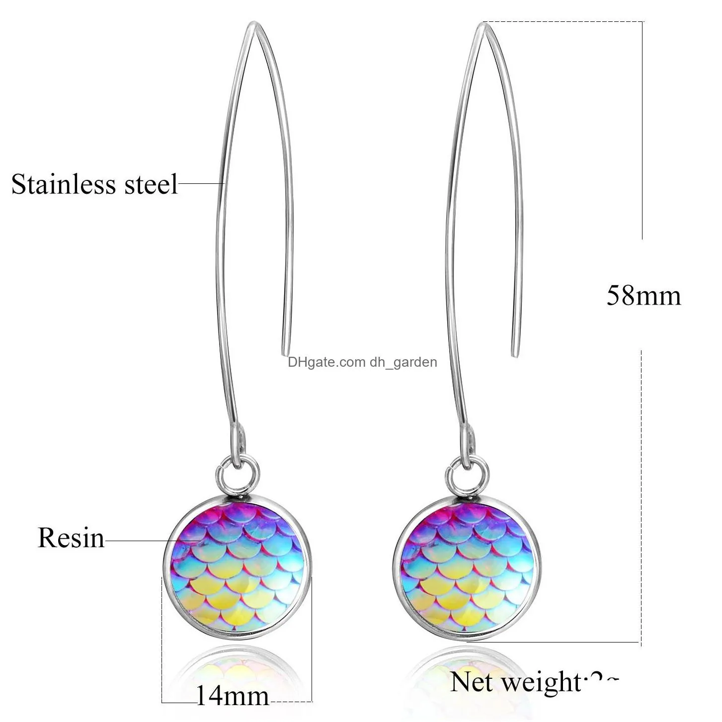 Dangle & Chandelier 8 Colors Resin Mermaid Fish Scale Drop Earrings For Women Stainless Steel Big Hook Design Fashion Jewelry Wholesa Dhh6B