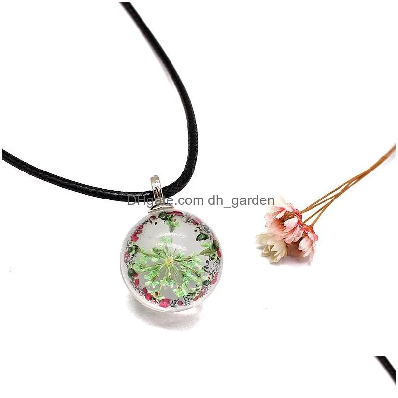 Pendant Necklaces 9 Colors Dried Flower Choker Pendant Necklaces For Women Girls Black Leather Rope Chain Glass Ball Charm Necklace Pi Dhz4K