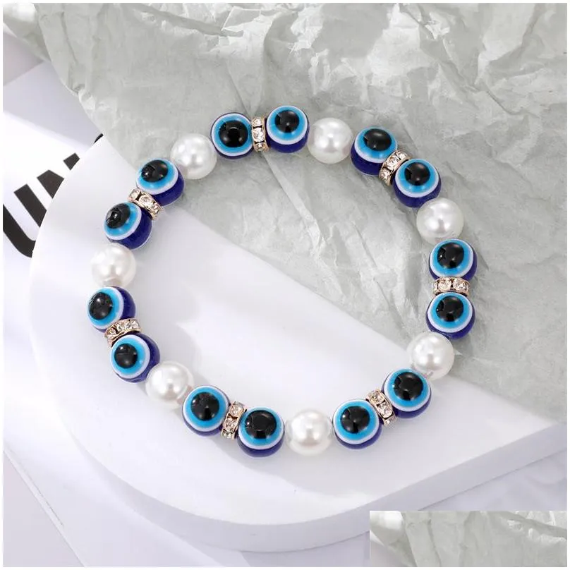 Beaded Turkish Lucky Evil Eye Bracelets Strands Bangle Imitation Pearls Blue Eyes Beaded Charm Bracelet For Women Men Couple Fashion Dhhp8