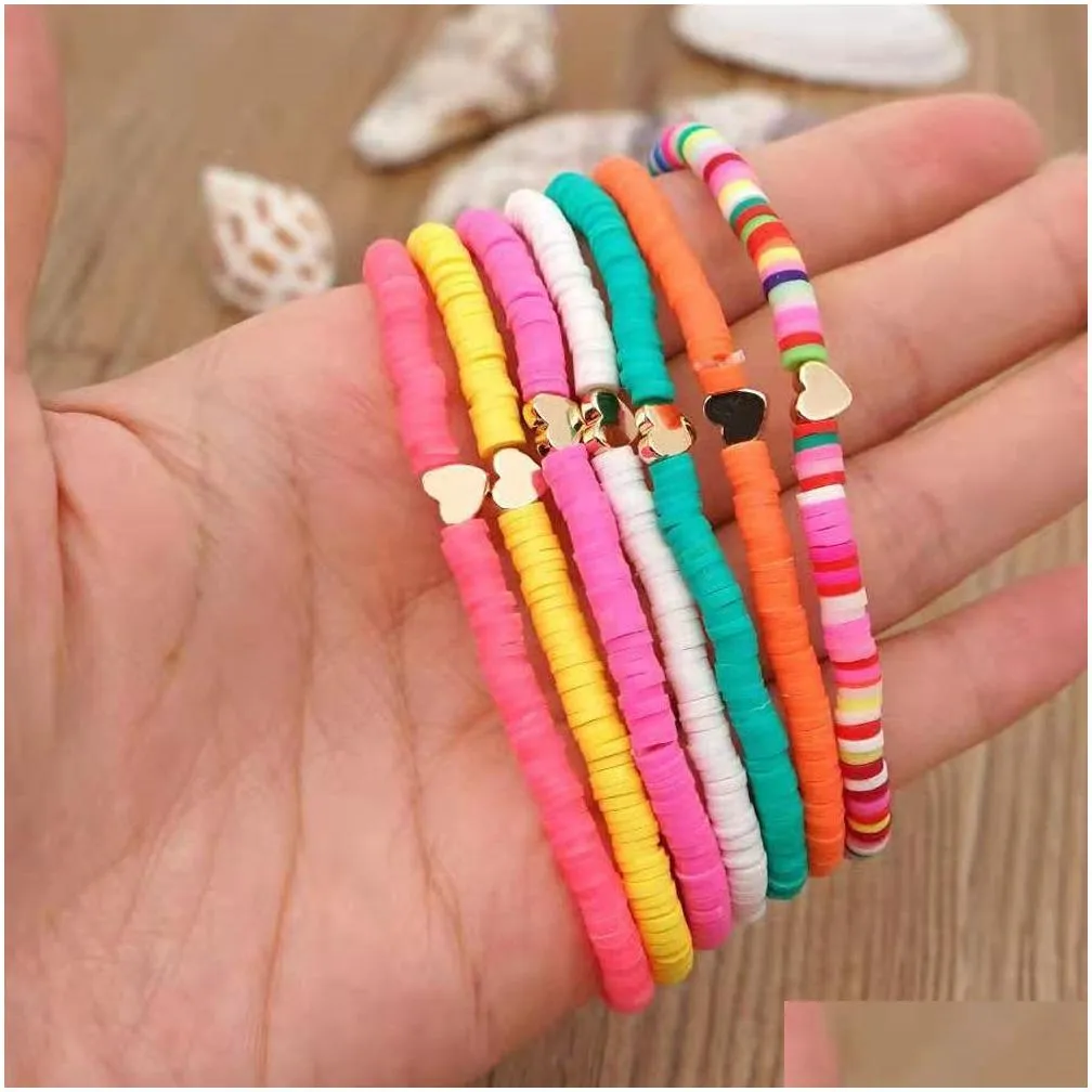 Beaded 7Pcs Surfer Heishi Bracelets Set Beads Strands Rainbow Gold Love Heart Charm Stretch 4Mm Soft Clay Stackable Boho Wristbands G Dhj0C