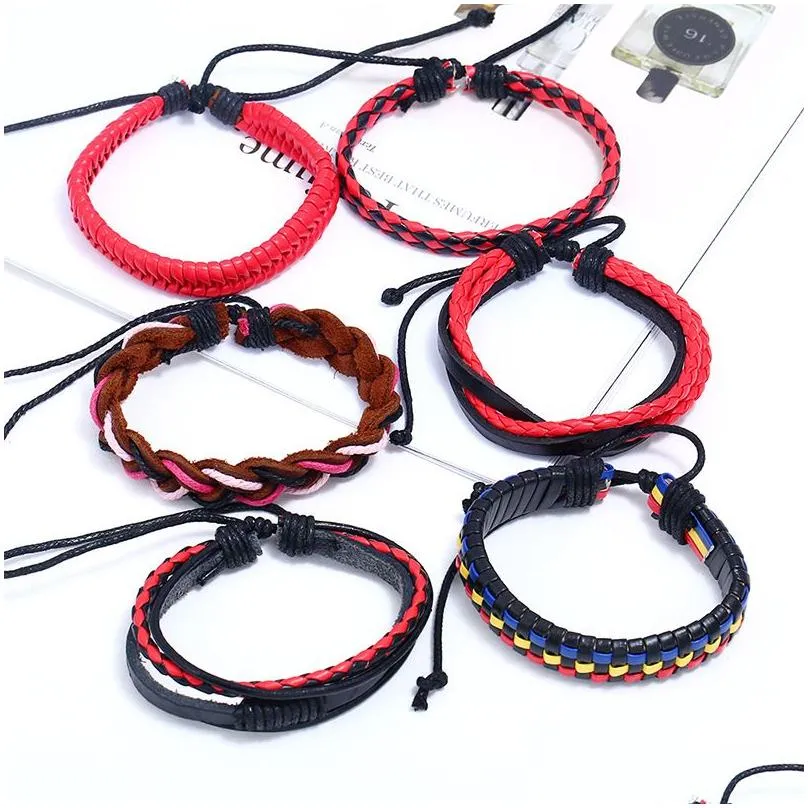 Charm Bracelets Fashion Braid Bracelets Simple Plaid Punk Mti Layer Weaved Wrap Cuff Bangle Mens Adjustable Genuine Leather Charm Jew Dhrec