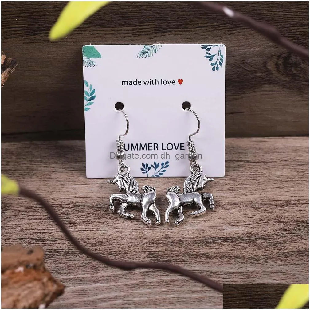 Stud Vintage Sier Horse Elephant Cat Hook Dangle Earring For Women Cute Animal Elk Pendant Earrings Trendy Jewelry With Gift Card Dro Dhbw0