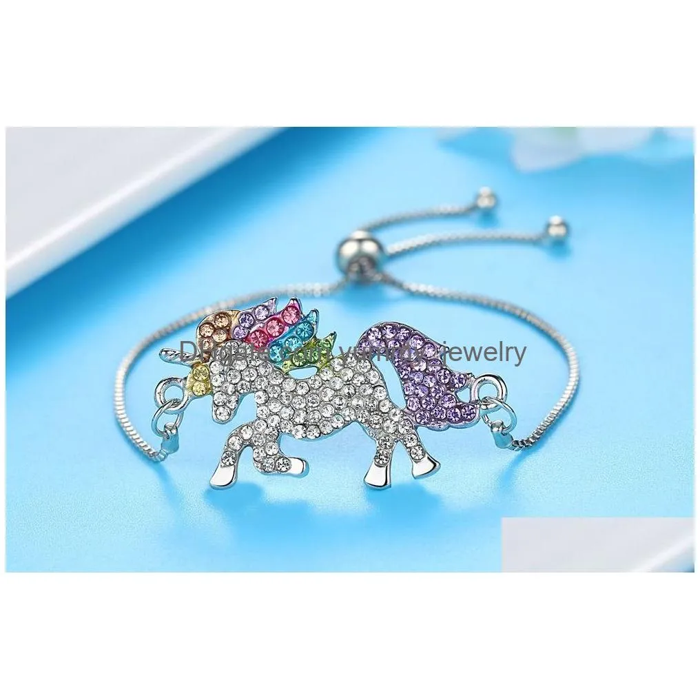 Charm Bracelets Rhinestone Charm Bracelets For Women Sier Gold Fashion Adjustable Diamond Horse Pendant Box Chain Girl Lady Gift Bang Dhcir