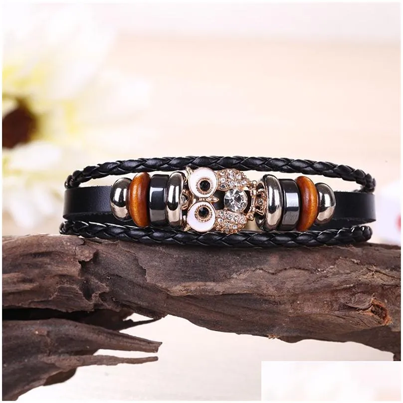 Charm Bracelets Owl Crystal Charms Bracelet Jewelry Genuine Leather Mtilayer Women Fashion Animal Alloy Beads Black Wrap For Drop Del Dh2Qj