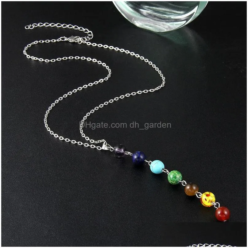 Pendant Necklaces Sier Color Simple Style 7 Chakra Mticolor Natural Stone Beads Pendant Necklace Long Chain For Women Charm Dhgarden Dhldb