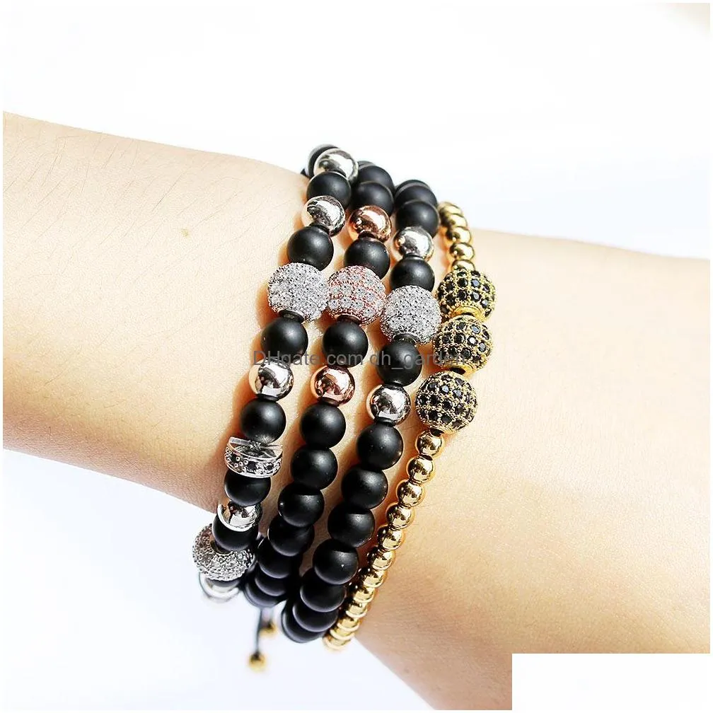 Beaded New Arrival 6Mm Matte Black Natural Stone Beads Elastic Bracelet Fashion Sliver Gold Color Copper Jewelry Charm For Men Drop D Dhq7Y