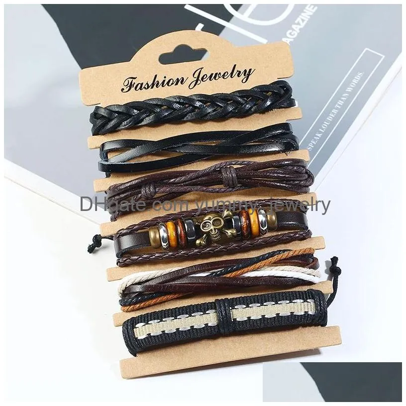 Charm Bracelets Woven Leather Bracelet Alloy Skl Head Wood Beads Charms Metal European American Jewelry For Women Antique Hand Rope C Dhnzn