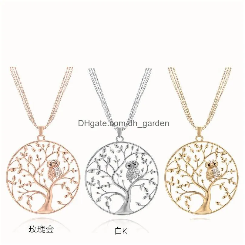 Pendant Necklaces Fashion Cute Life Of Tree Crystal Owl Pendant Necklace For Women Vintage Sier Gold Plated Mtilayer Chain Long Neckla Dhqno