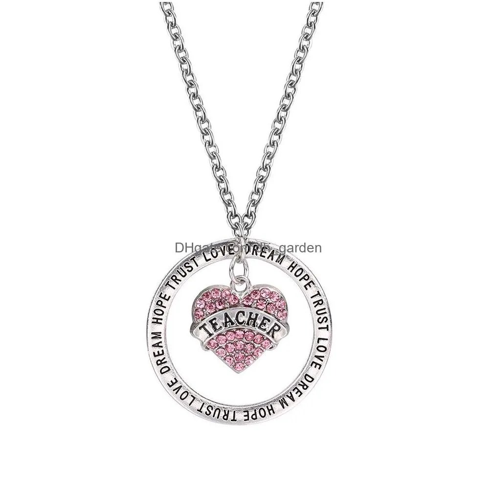 Pendant Necklaces Faith Jewelry Dream Hope Trust Pendant Necklace Women Pink White Crystal Rhinestone Heart Teachers Gifts W Dhgarden Dhvl2