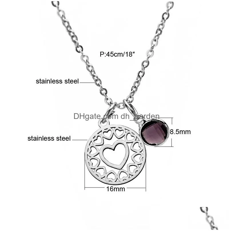 Pendant Necklaces High Quality Stainless Steel Round Heart Shape Pendant Necklace For Women Colorf Crystal Birthstone Charm Dhgarden Dhweh