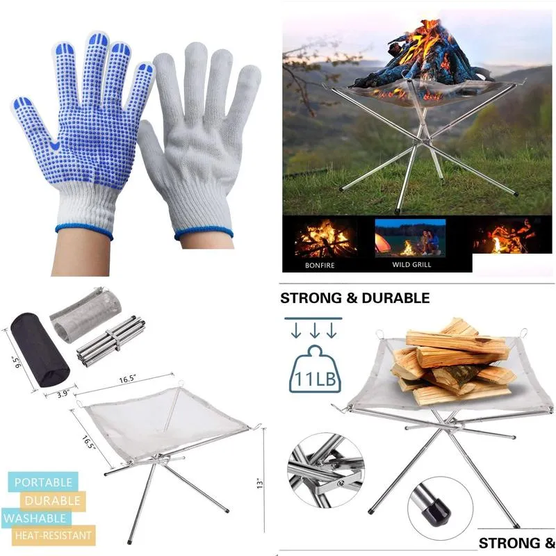 Other Kitchen, Dining & Bar Foldable Fire Pit Burning Rack Outdoor Cam Portable Stainless Steel Mesh Easy To Assemble With Drop Delive Dh5Hv