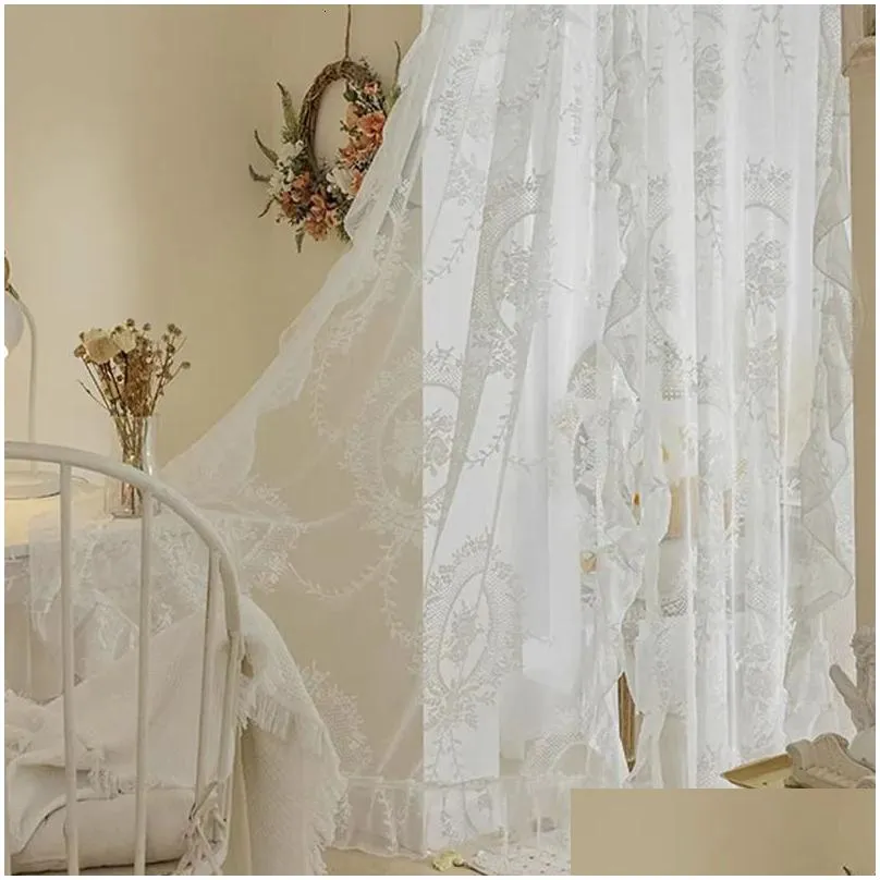 french elegant white embroidery ruffle tulle curtain with valance for girls bedroom living room sheer drapes rideaux voilage 240115