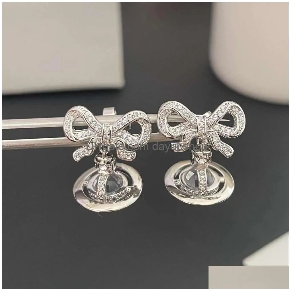 Quality Designer High Empress Dowager Xis Three-Nsional Bow Crystal Earrings Light Fashionable Temperament Simple Versatile And Drop Dh0Xd