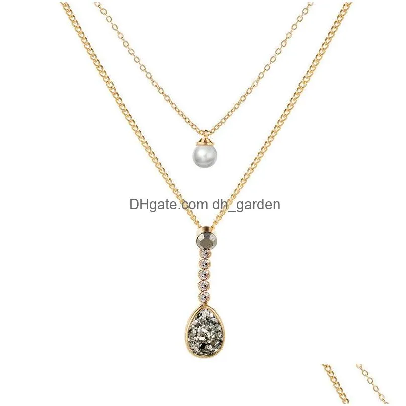 Pendant Necklaces Fashion Double Layer Bohemian Layered Crystal Waterdrop Pearl Pendant Necklace For Women Elegant Party Jew Dhgarden Dhjkn