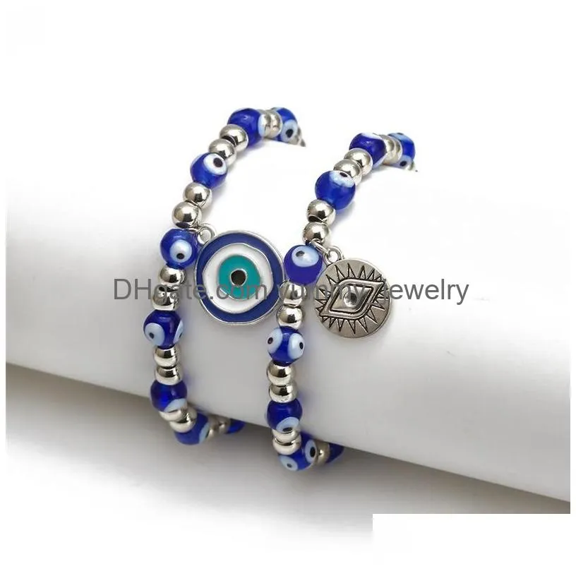 Beaded Blue Evil Eyes Beaded Strands Charm Bracelets Fashion Stretch Sier Bead Bracelet Bangles Lucky Turkish Pendant Jewelry Accesso Dhigx