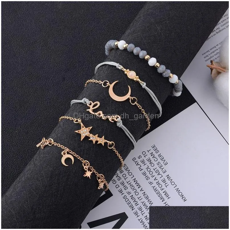 Bangle 6 Pcs/Set Gold Acrylic Bead Mtilayer Braided Rope Bracelet For Women Star Moon Love Crystal Pendant Classic Set Jewe Dhgarden Dhqrm