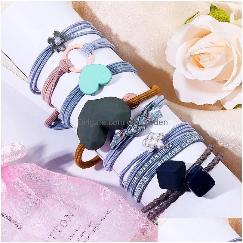 Hair Rubber Bands 8Pcs/Set Women Girls Hair Rubber Bands Ponytail Holder Elastic Resin Heart Star Bow Cube Charm Fashion Ro Dhgarden Dhdrq