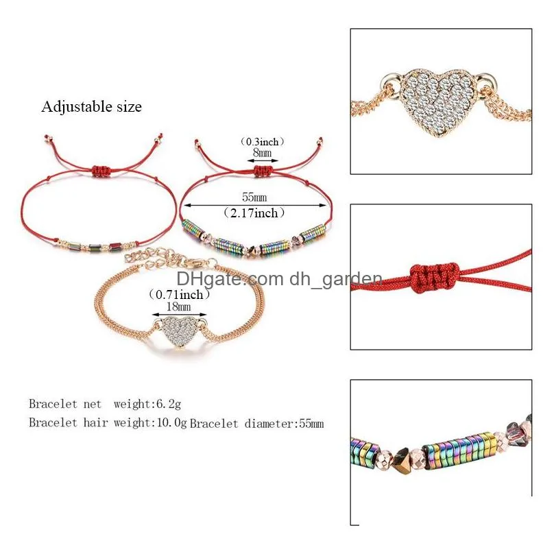 Beaded 3Pcs/Lot Bead Bracelet For Women Mticolor Crystal Series Tandem Leaf Heart Round Geometric Pendant Woven Wax Rope Diy Jewelry Dhvns