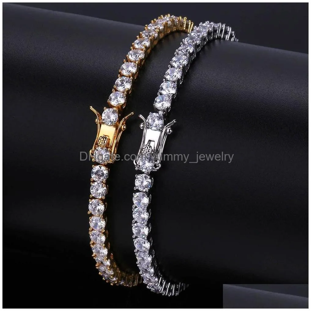 Tennis Fashion Hip Hop Iced Out Tennis Chain Aaa Cubic Zirconia Copper Bracelet Diamond Designer Jewelry For Men Women 18K Gold Sier Dhwgh