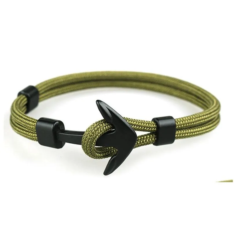 Charm Bracelets Anchor Charm Bracelets Jewelry Men Black Color Fashion Survival Rope Chain Bracelet Male Wrap Wristband Metal Sport H Dh2S1