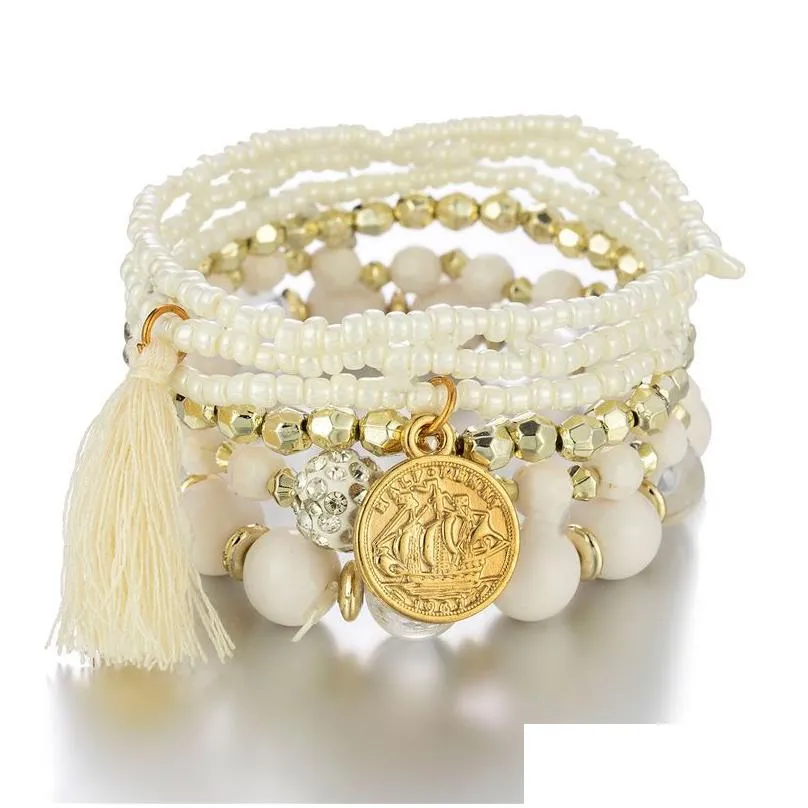 Charm Bracelets Tassel Charm Bracelets Fashion Beauty Head Coin Rice Beads Beaded Bangles Women Gifts Bohe Colorf Gold Metal Mti-Laye Dhssq