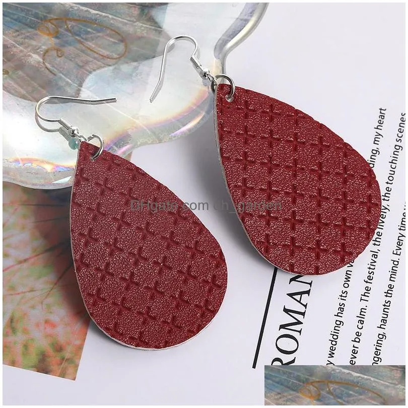 Dangle & Chandelier Fashion Lattice Pattern Pu Leather Water Drop Dangle Earring For Women Colorf Double Side Bohemian Sier Plating H Dhbam