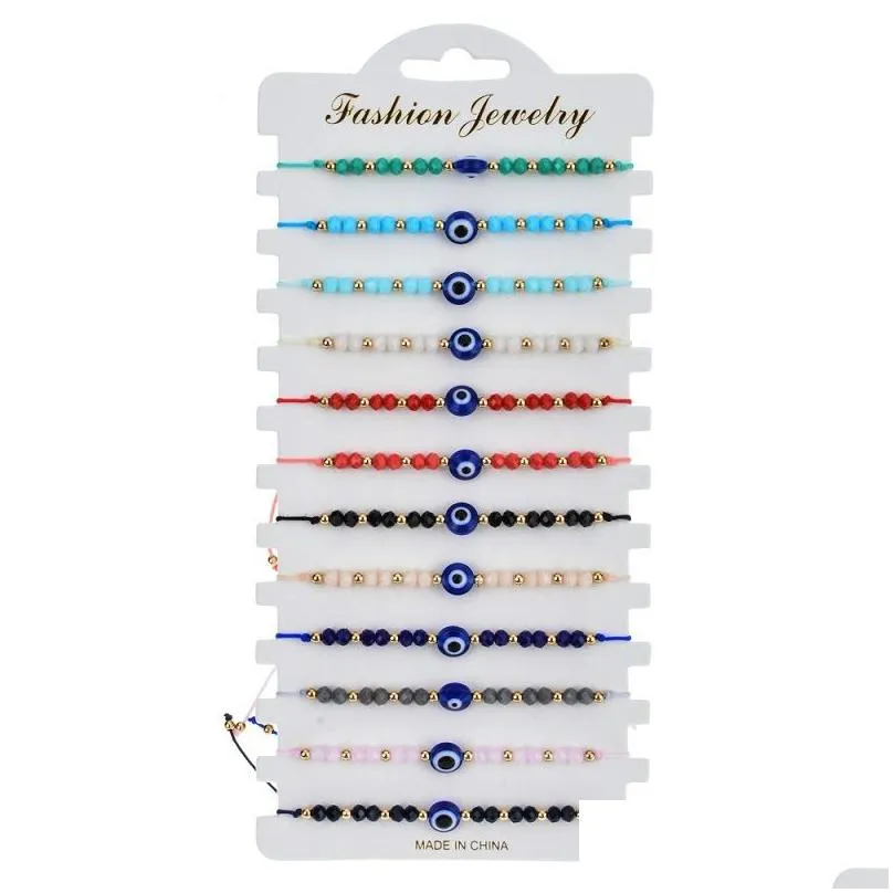 Charm Bracelets Blue Evil Eye Charm Bracelets 12Pcs/Set Fashion Jewelry Adjustable Crystal Rice Beads Card Wax Rope Braided Bracelet Dhnwr