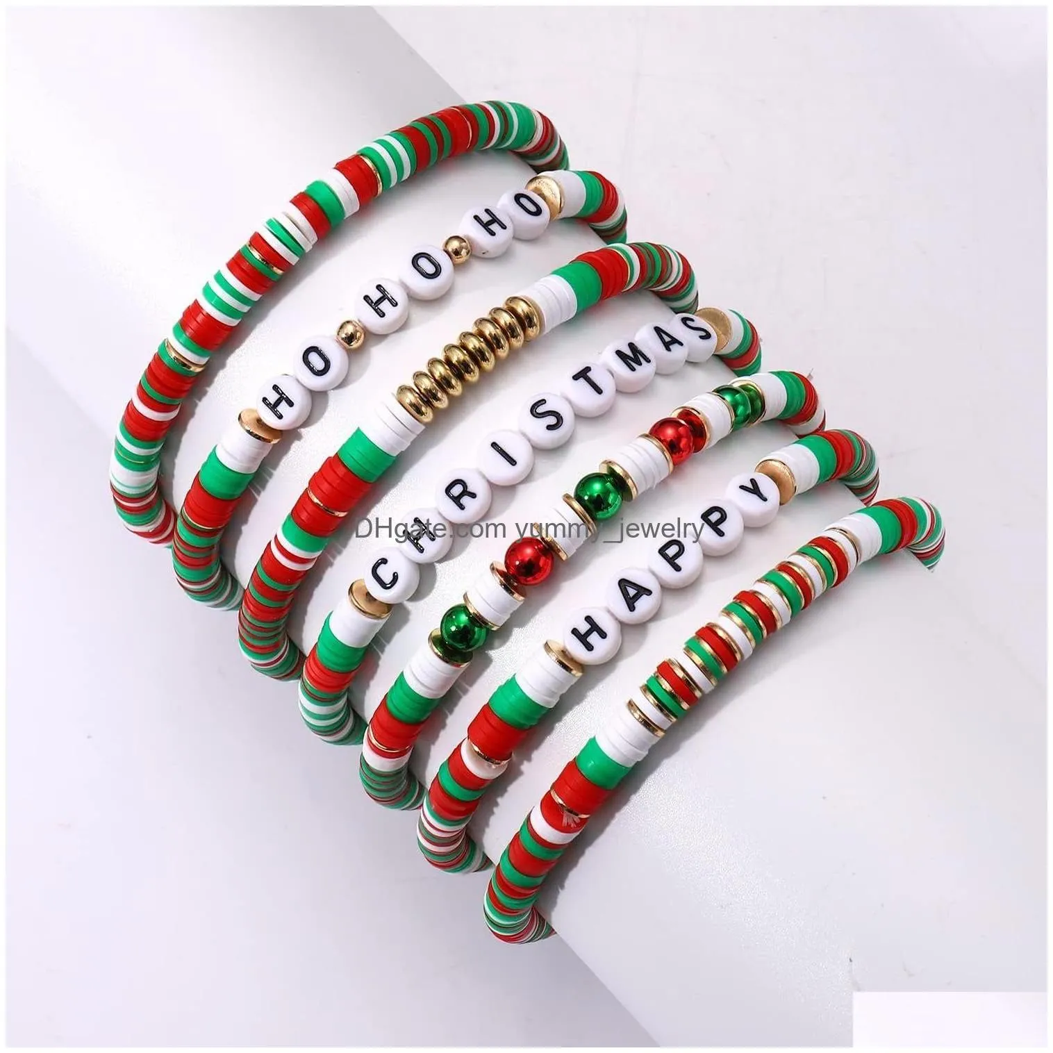 Beaded 7Pcs Christmas Beaded Bracelets Set Holiday Heishi Stretch Strands Red Green Polymer Clay Letter Stackable Friendship Charms S Dhg1G