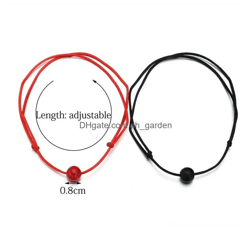 Chain New 2Pcs/Set Matte Lava Stone Natural Bead Bracelet Red String Braiding Couple Bracelets For Men Women With Wish Card Dhgarden Dhihb