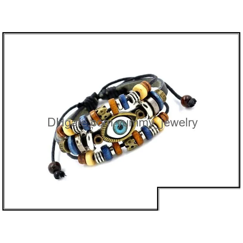 Charm Bracelets Mtilayer Bead Charm Bracelets Hand Made Turkish Evil Eye Braided Adjustable Leather Fashion Vintage Men Jewelry For D Dhlzr