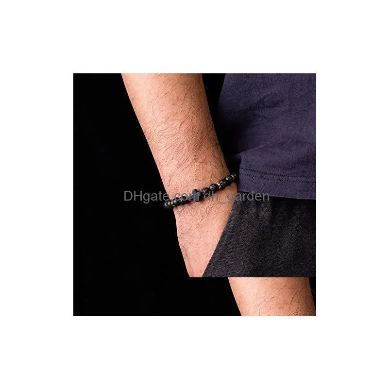 Beaded New Arrival Lava Volcano Stone Agate Beads Bracelet For Men Cross Charm Handmade Adjustable Black Braided Drop Deliv Dhgarden Dhtnz