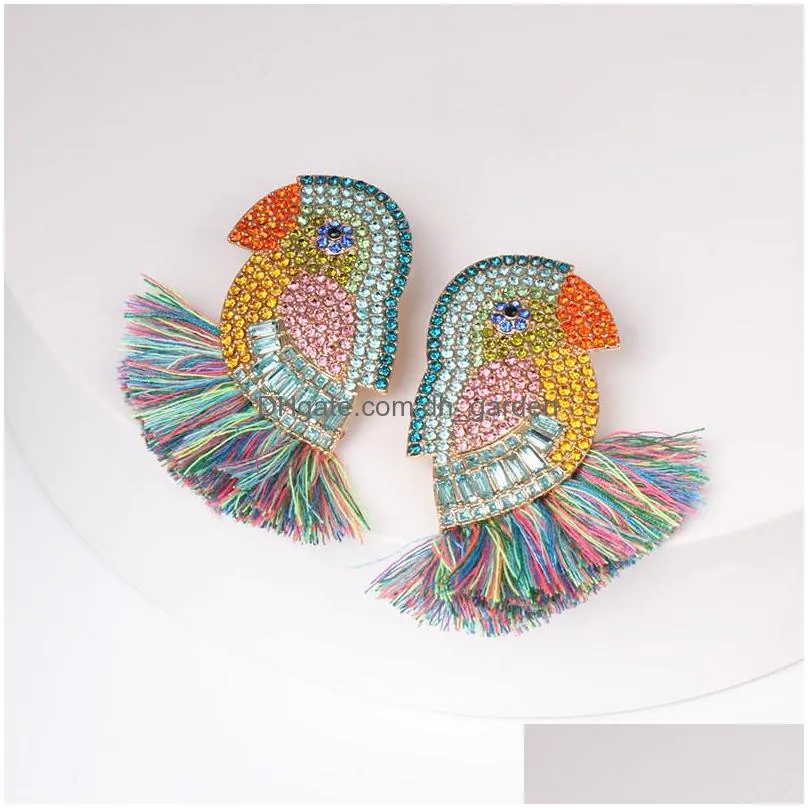 Stud New Colorf Crystal Flower Fish Parrot Tassel Earrings For Women Large Boho Fringed Hanging Wedding Jewelry Drop Delivery Jewelry Dhrke